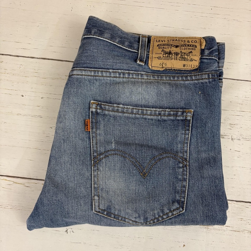 Levi's Orange Tab Jeans Mens 33x32 Blue Denim Straight Distressed Patched Knees